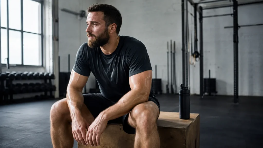 Athlet erholt sich nach einer Functional-Fitness-Einheit im Gym