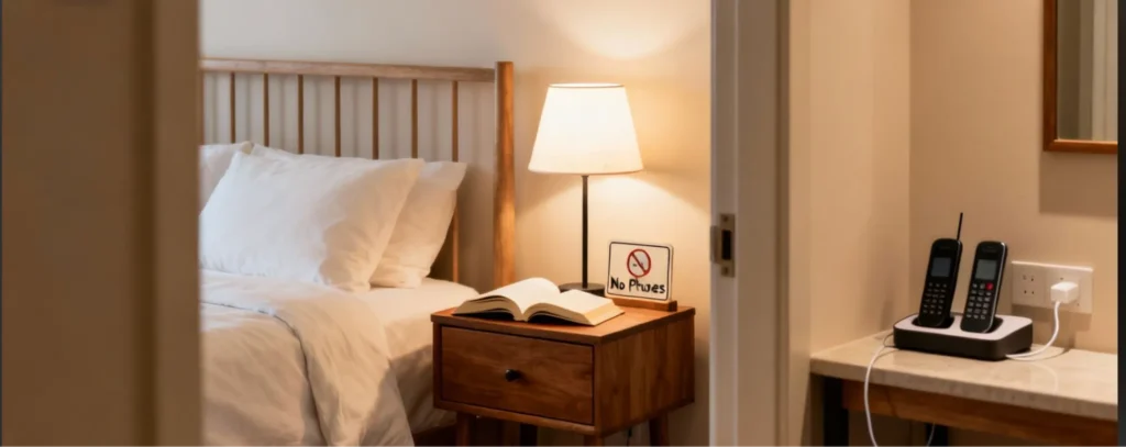 Schlafqualität fördern mit ruhigem Schlafzimmer, Buch und abgelegten Smartphones vor dem Schlafengehen.