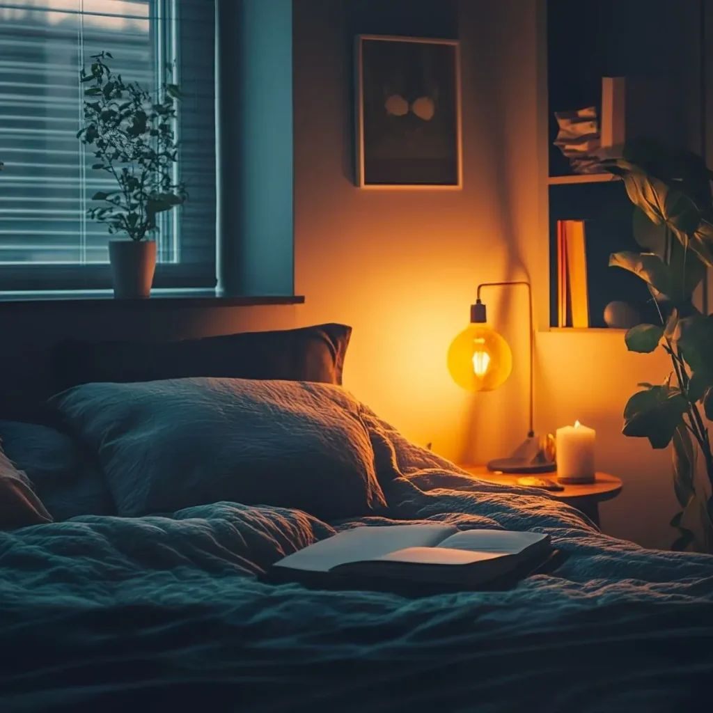 Stressregulation mit ruhiger Abendroutine, warmem Licht, Buch und entspannter Schlafumgebung.